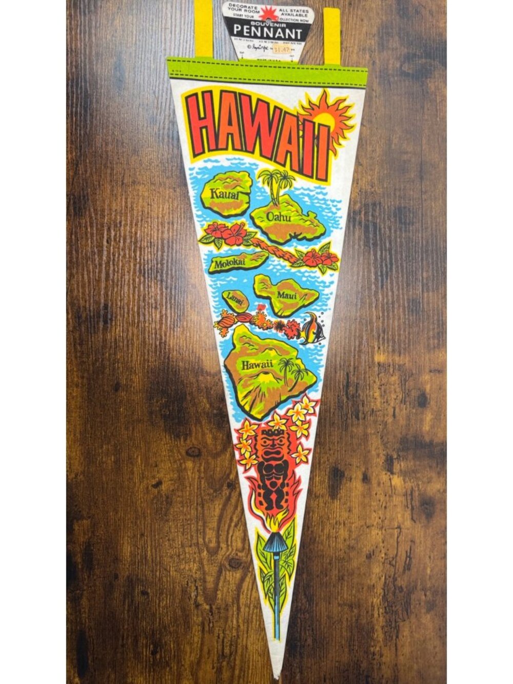 Vintage Hawaii Souvenir Felt Pennant With Island Map Design & Tropical Graphics